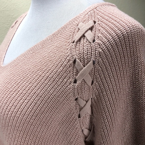 A.N.A Pink Long Sleeve V-Neck Cable Knit Sweater - Picture 6 of 7